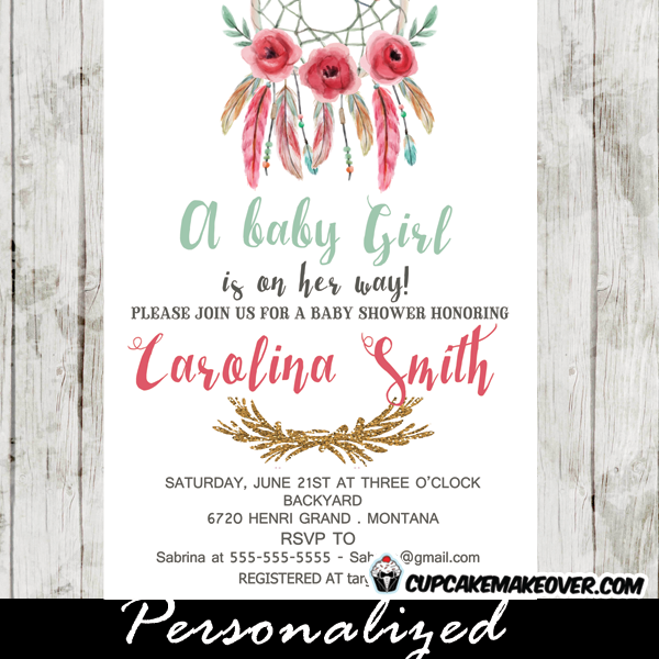 600x600 Boho Floral Dreamcatcher Baby Shower Invitation, Watercolor Pink - Watercolor Baby Shower Invitations