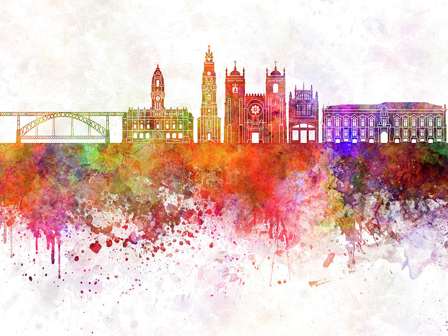 900x675 Oporto V2 Skyline In Watercolor Background Painting By Pablo Romero - Watercolor Background