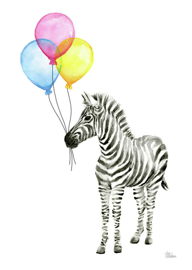 642x900 Zebra Watercolor With Balloons Painting By Olga Shvartsur - Watercolor Balloons