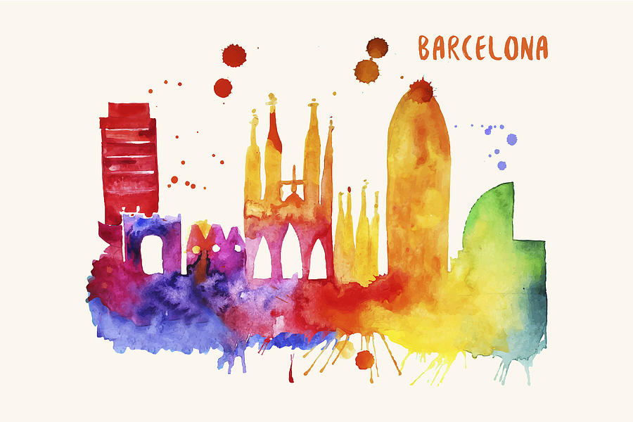 900x600 Barcelona Skyline Watercolor Poster - Watercolor Barcelona