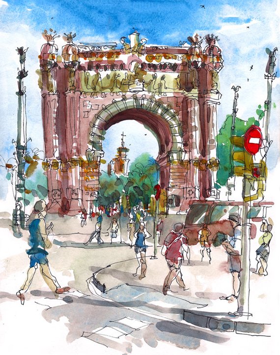 570x722 Barcelona Spain Arc De Triomf Watercolor Sketch Archival Etsy - Watercolor Barcelona