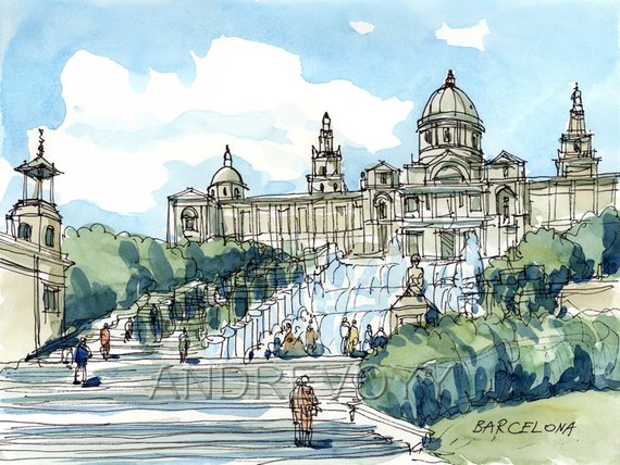 570x428 Barcelona Spain Art Print From An Original Watercolor Painting - Watercolor Barcelona