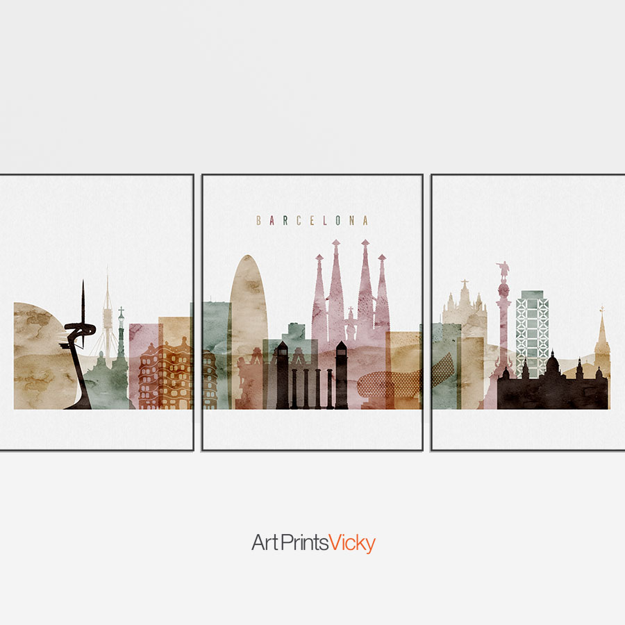 900x900 Barcelona Watercolor 1 Skyline Set Of 3 Prints Artprintsvicky - Watercolor Barcelona