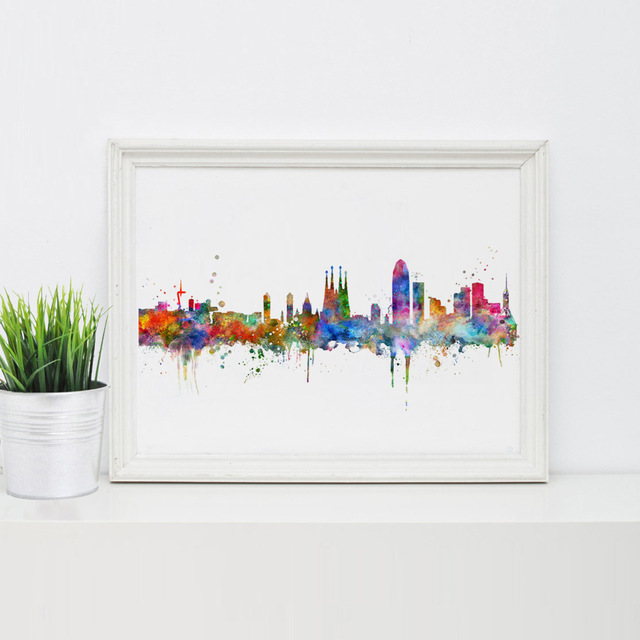 640x640 Buy Barcelona Spain City Skyline Wall Art Poster - Watercolor Barcelona