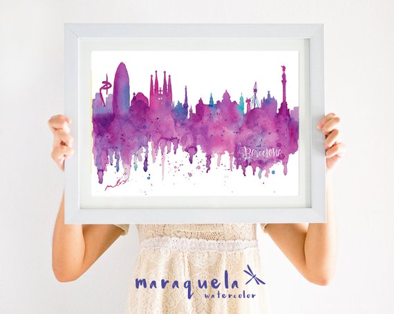 570x455 Barcelona Skyline Pink And Blue Hues Watercolor Affiche Etsy - Watercolor Barcelona