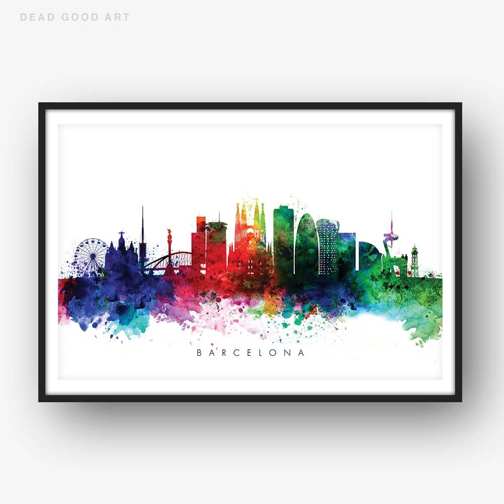 1000x1000 Barcelona Skyline, Multi Color Watercolor Print Dead Good Art - Watercolor Barcelona