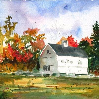 402x402 Landscape Painting Salem Farm Farm Art Watercolor Print Of - Watercolor Barn