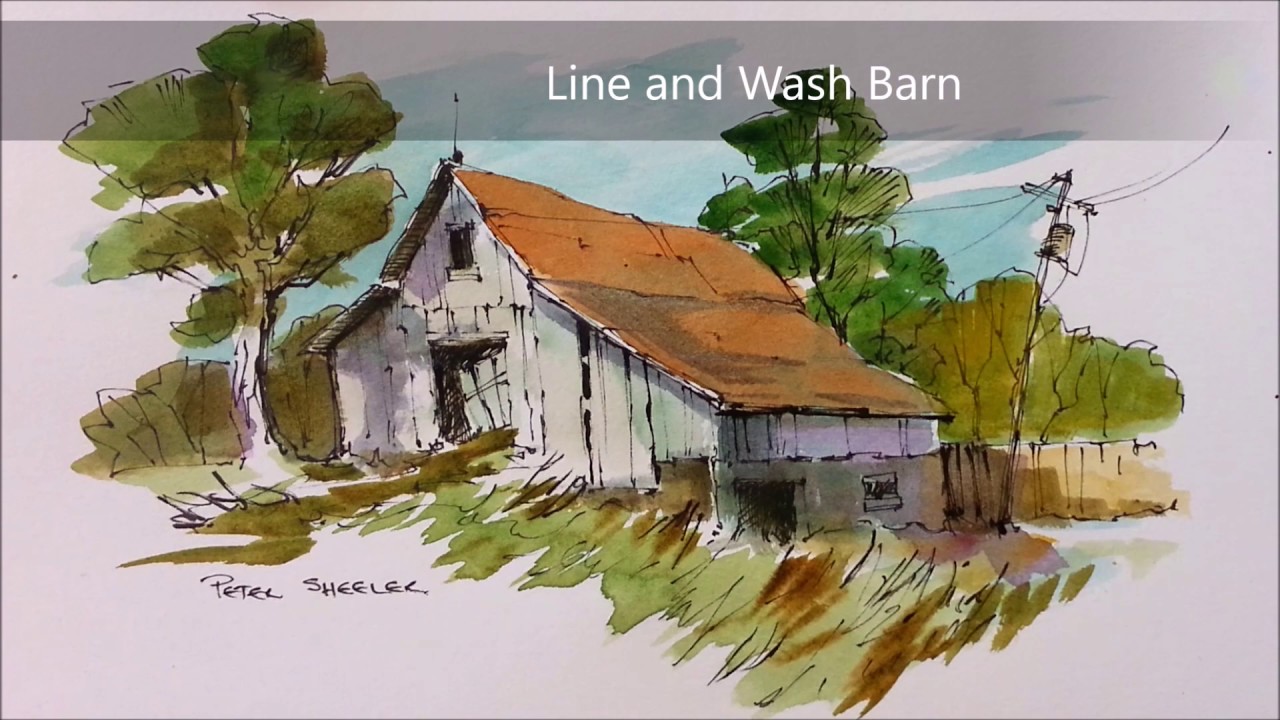 1280x720 Line And Wash Watercolor Barn Demonstration. Redone In Real Time - Watercolor Barn