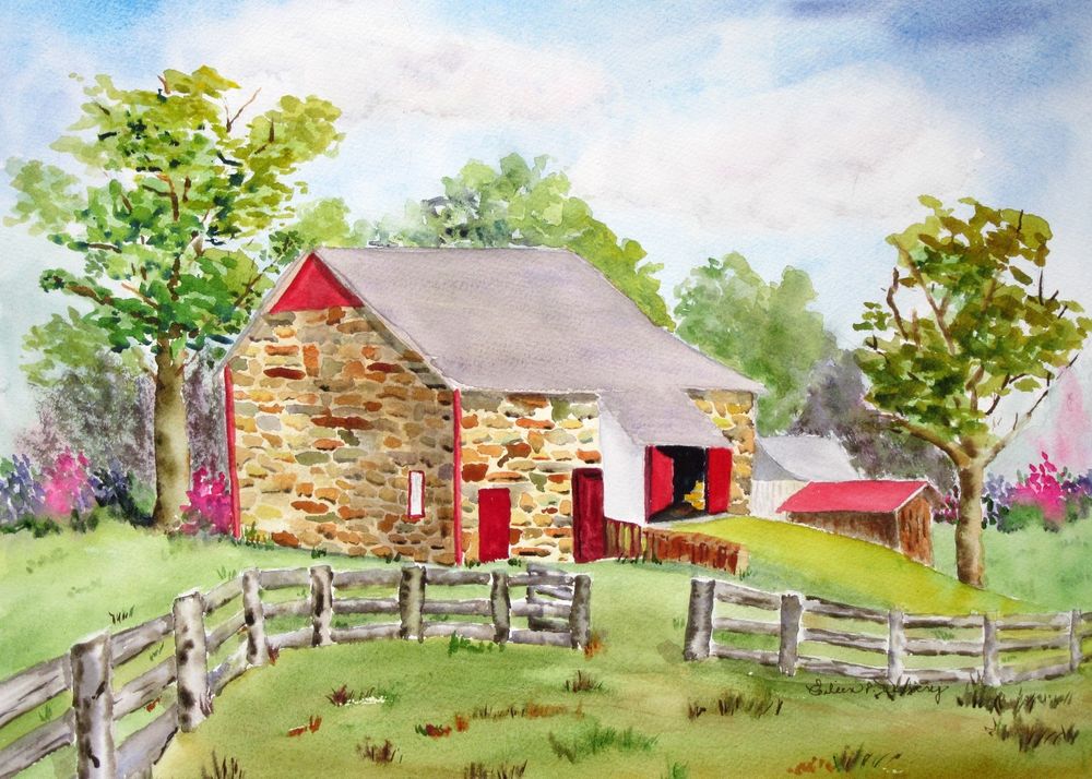 1000x714 Stone Barn In Blooming Glen, Original Watercolor, Barns, Bucks - Watercolor Barn