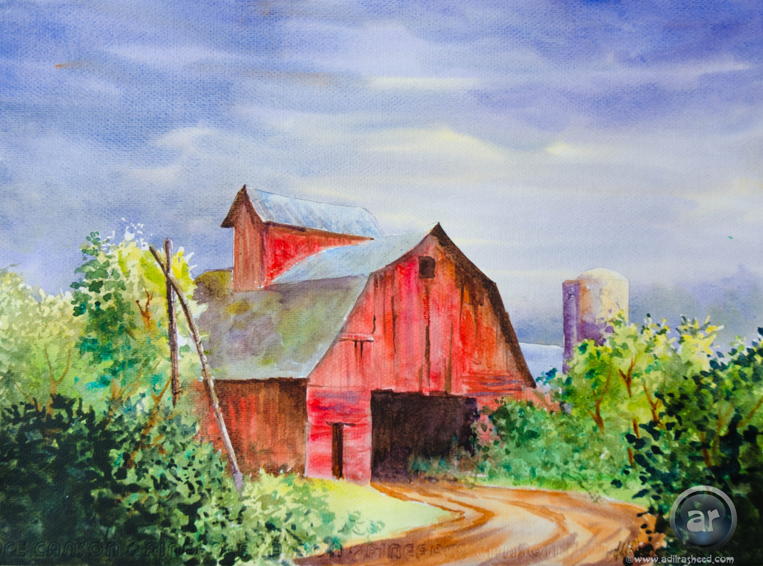 3000x2226 A Red Barn In Water Color - Watercolor Barn