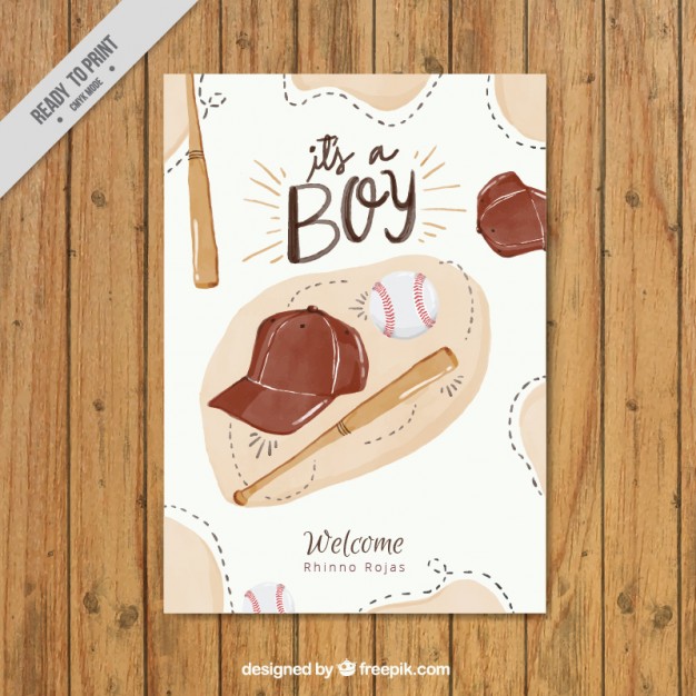 626x626 Watercolor Baseball Elements Baby Shower Card Vector Premium - Watercolor Baseball