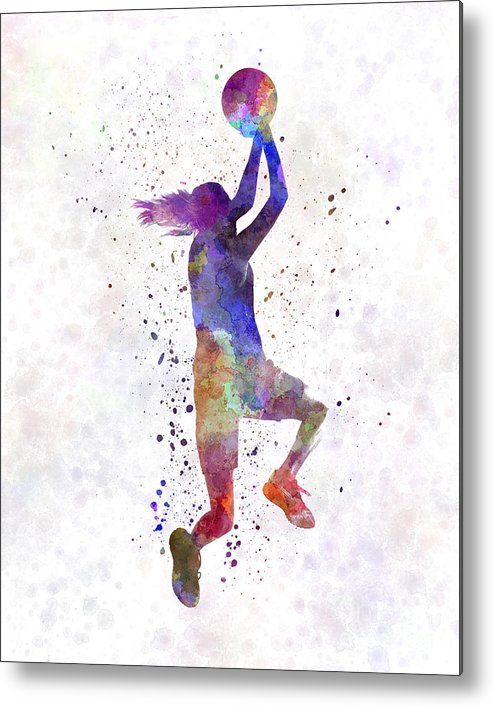494x707 Young Woman Basketball Player 05 In Watercolor Metal Print By - Watercolor Basketball