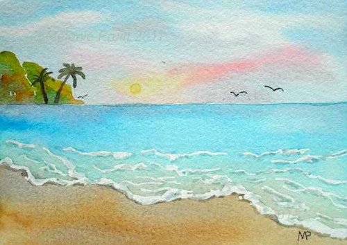 500x354 Sale Hawaiian Sunrise Sfa 4x6 Original Watercolor Ocean Beach - Watercolor Beach
