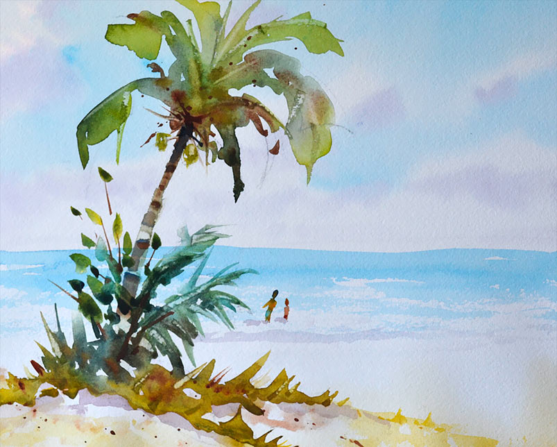 803x644 Watercolor Lesson Beach Scene And Palm Tree - Watercolor Beach