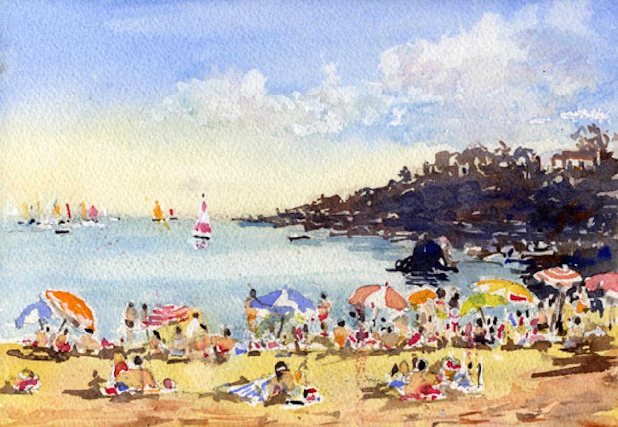 1263x872 Mediterranean Beach Scene - Watercolor Beach Pictures