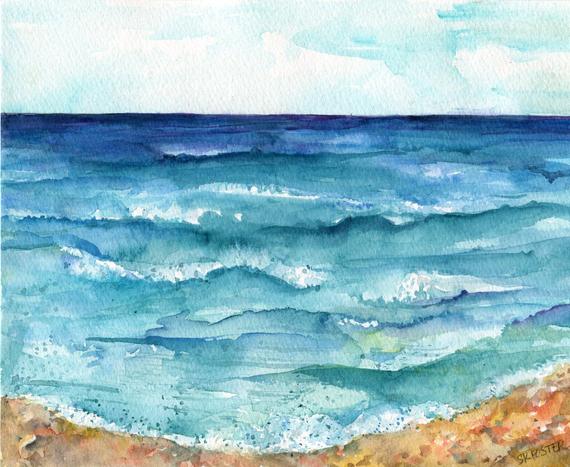570x467 Seascape Original Watercolor Painting Original Beach Ocean Etsy - Watercolor Beach Pictures
