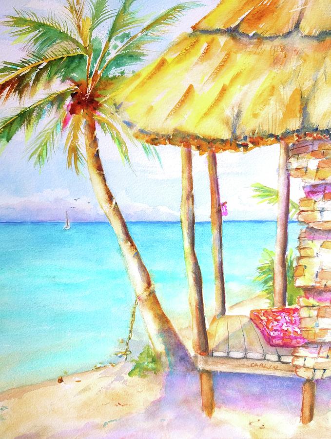679x900 Tropical Beach Hut Watercolor Painting By Carlin Blahnik - Watercolor Beach Pictures