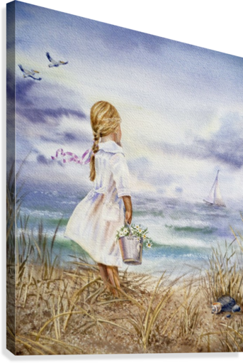 343x511 Watercolor Beach Painting Girl Boat And Ocean - Watercolor Beach Pictures