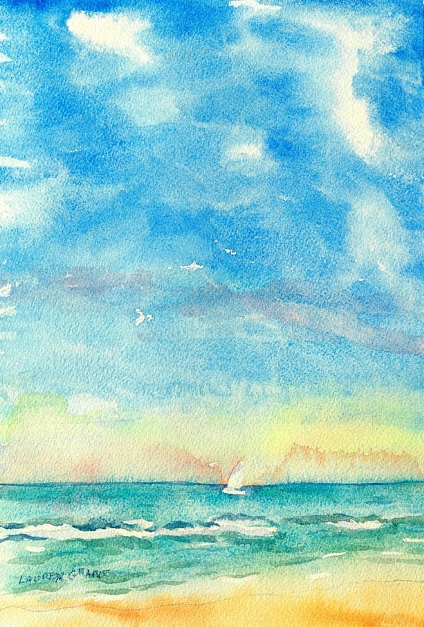 424x627 Original Watercolor Painting, Beach Scene, Colorful Sky And Ocean - Watercolor Beach Scene