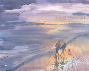 300x240 Original Watercolor Seascape Figure Dog Painting 8x10 Beside The - Watercolor Beach Scene