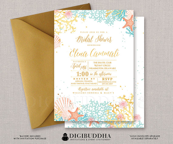 570x475 Beach Bridal Shower Invitation Watercolor Ocean Coral Gold Foil - Watercolor Beach Wedding Invitations