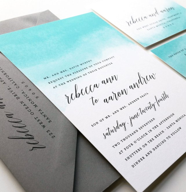 642x661 Rebecca Teal Watercolor Wedding Invitation Sample Etsy - Watercolor Beach Wedding Invitations