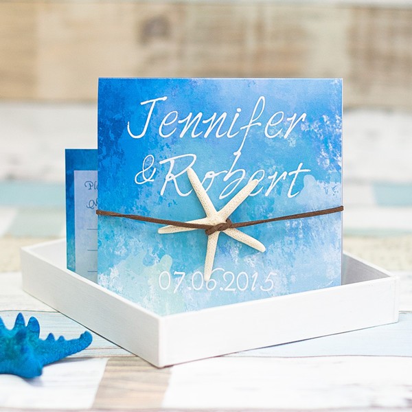 600x600 Sky Blue Watercolor Starfish Beach Wedding Invitations Swws065 - Watercolor Beach Wedding Invitations