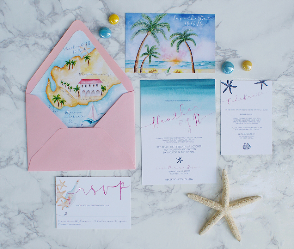 952x805 Watercolor Beach Wedding Invitations With A Wedding Map Bohemian - Watercolor Beach Wedding Invitations