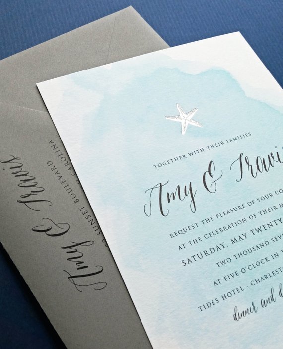 570x703 Amy Blue Watercolor Beach Wedding Invitation Sample With Gold Etsy - Watercolor Beach Wedding Invitations
