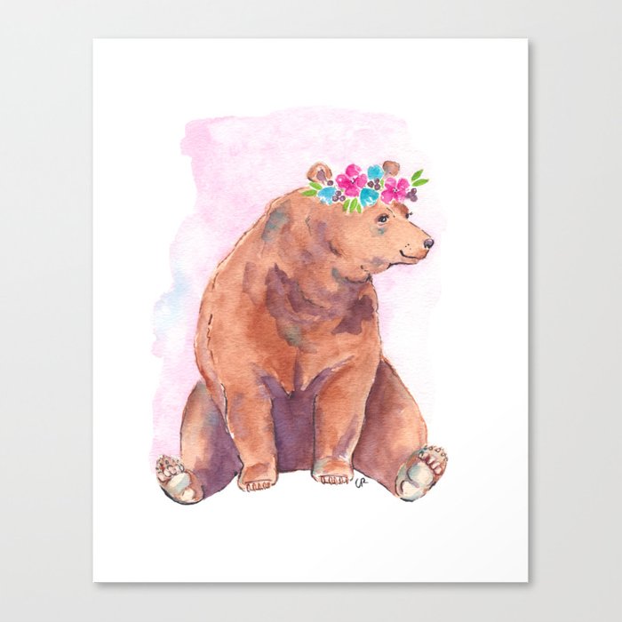 700x700 Watercolor Bear Flower Crown Canvas Print By Imagodeinurserydecor - Watercolor Bear