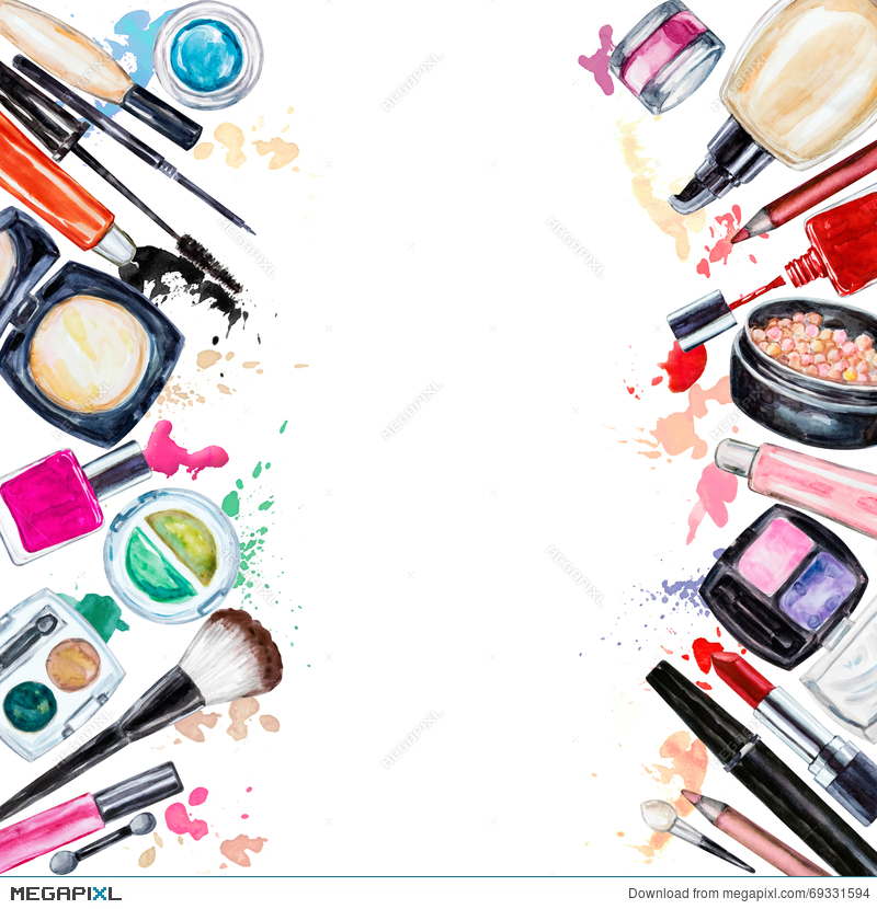 800x830 Frame Of Various Watercolor Decorative Cosmetic. Makeup Products - Watercolor Beauty