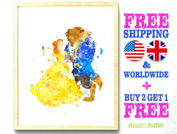 570x431 Beauty And The Beast Print Sheet Cake Watercolor Painting Wall Art - Watercolor Beauty And The Beast