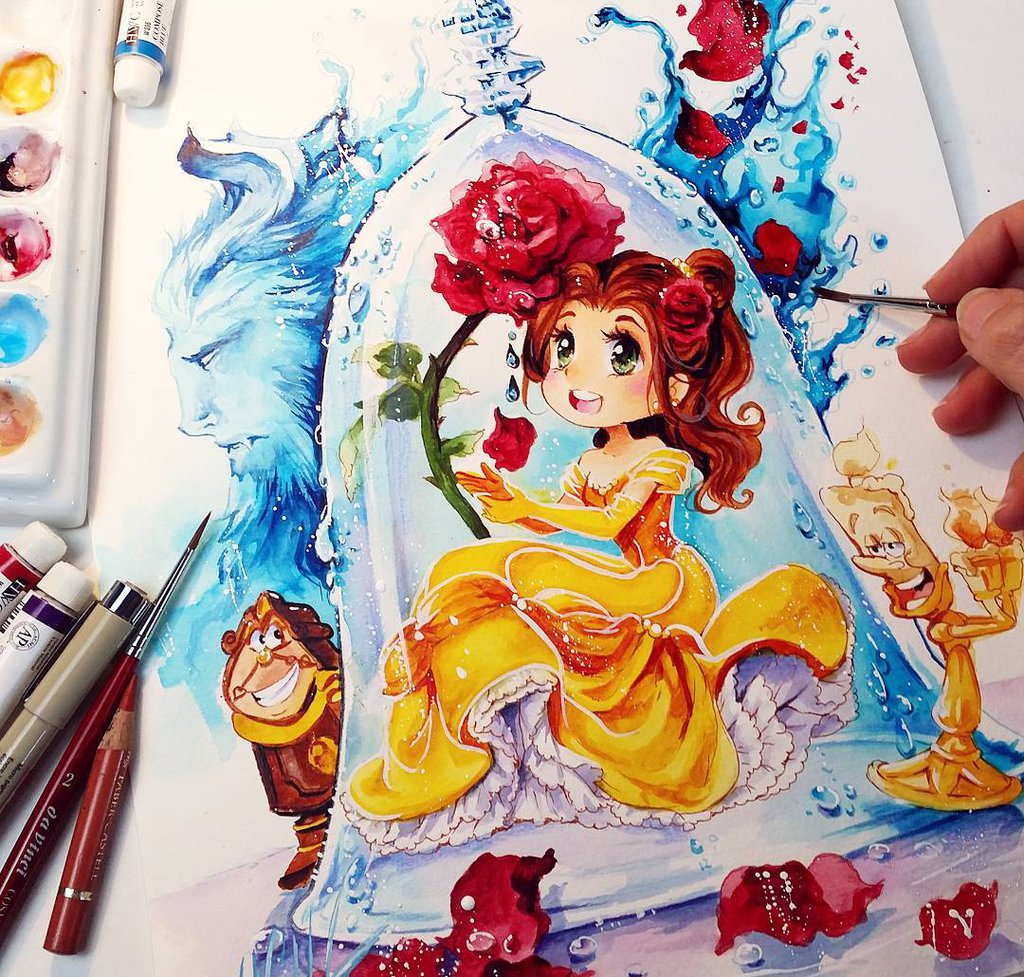 1024x977 Beauty And The Beast By Naschi - Watercolor Beauty And The Beast