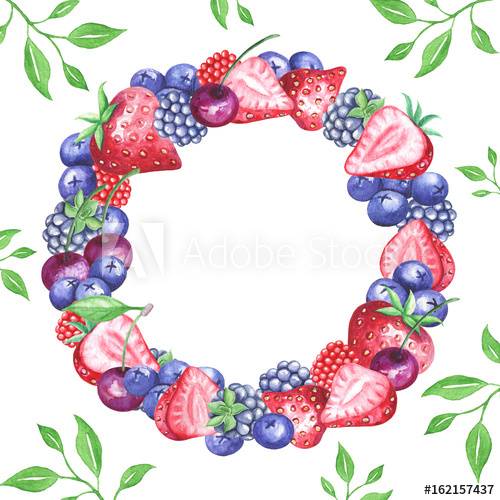 500x500 Watercolor Berries Wreath With Leaves Backgroud - Watercolor Berries