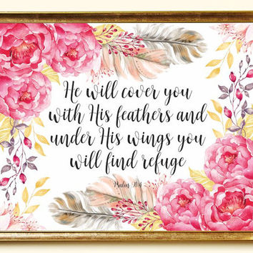 354x354 Bible Verse Printable He Will Cover You From Atticofmemories - Watercolor Bible Verse