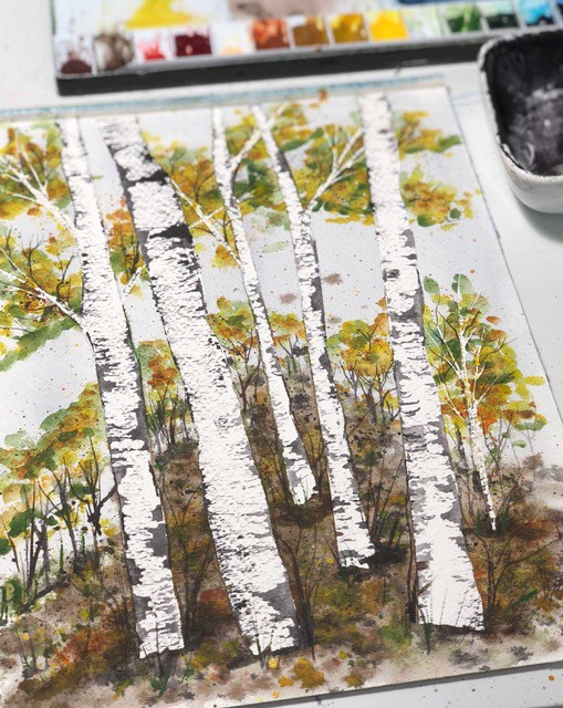 509x640 Fall Birch Trees Watercolor Workshop - Watercolor Birch Trees