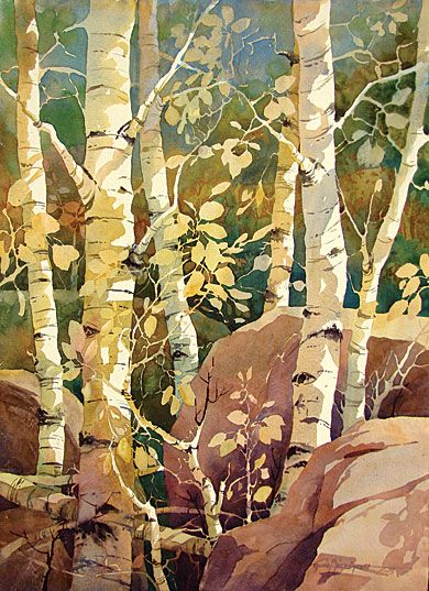 390x537 Gloria Miller Allen Watercolor Superb Capturing Of Light On The - Watercolor Birch Trees