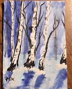 241x300 Aceo Birch Trees In Winter, Watercolor On Card Stock,unique, Ooak - Watercolor Birch Trees
