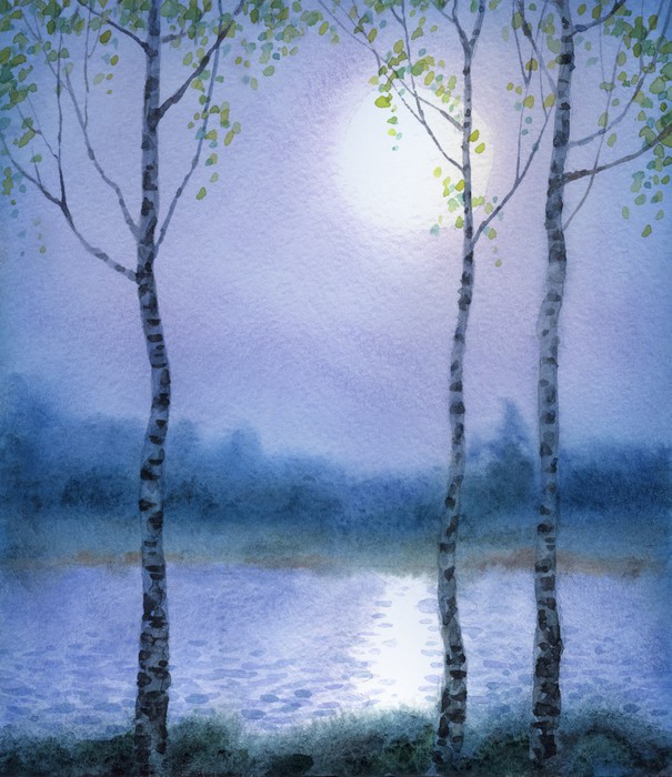 605x700 Watercolor Landscape. Spring Birch Trees Near The River Wall Mural - Watercolor Birch Trees