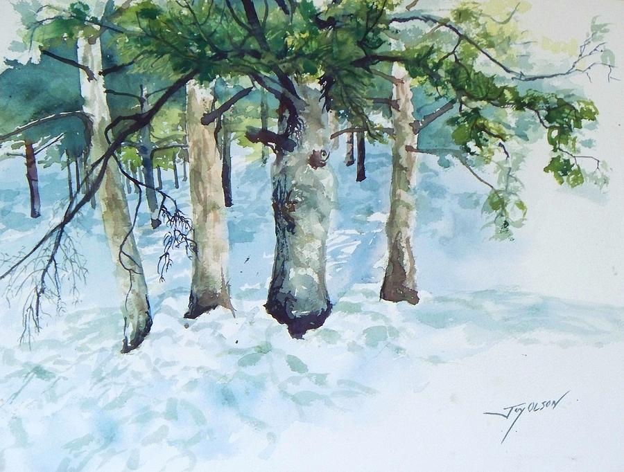 900x682 Pine Trees And Snow Painting By Joy Nichols - Watercolor Birch Trees Snow