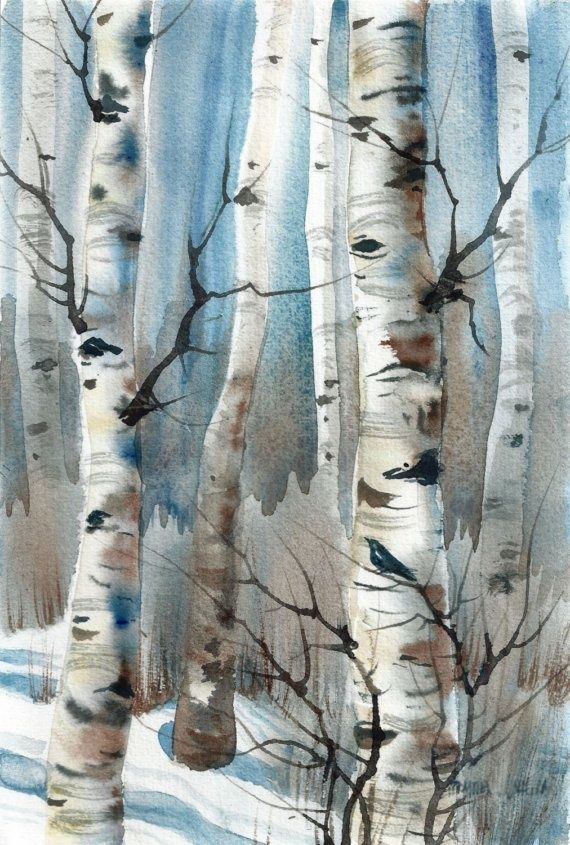 570x845 Snow Birch Tree Painting. Painting Tutorial Art Ideas, Tips For - Watercolor Birch Trees Snow
