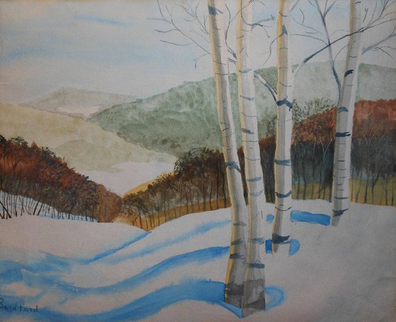 570x464 Vintage Winter Watercolor Birch Trees Snow Hills Signed - Watercolor Birch Trees Snow