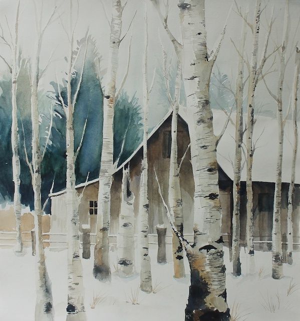 599x640 Watercolor Winter Barn (I Am Not Fond Of Winter Artwork. But, I - Watercolor Birch Trees Snow