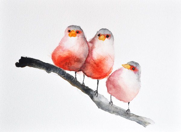 600x439 Original Watercolor Painting, Red Birds, Bird Art, Summer Birds - Watercolor Bird Abstract
