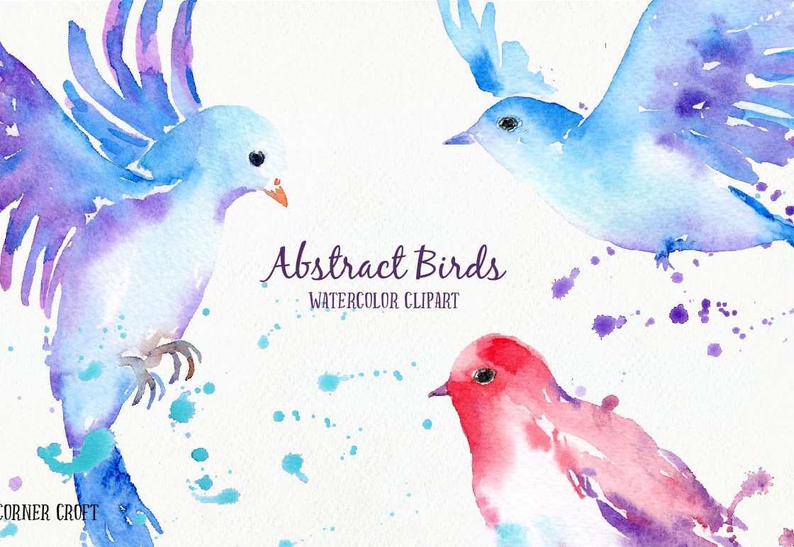 1120x772 Bird Clip Art, Abstract Watercolor Birds, Flying Birds Corner Croft - Watercolor Bird Clipart