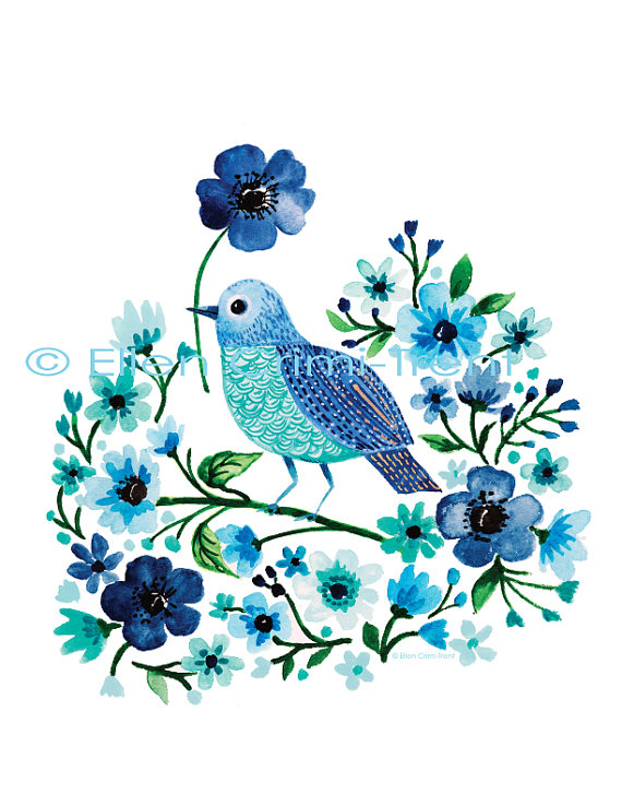 570x738 Watercolor Blue Birdwatercolor Paintinglue Watercolor - Watercolor Bird Prints