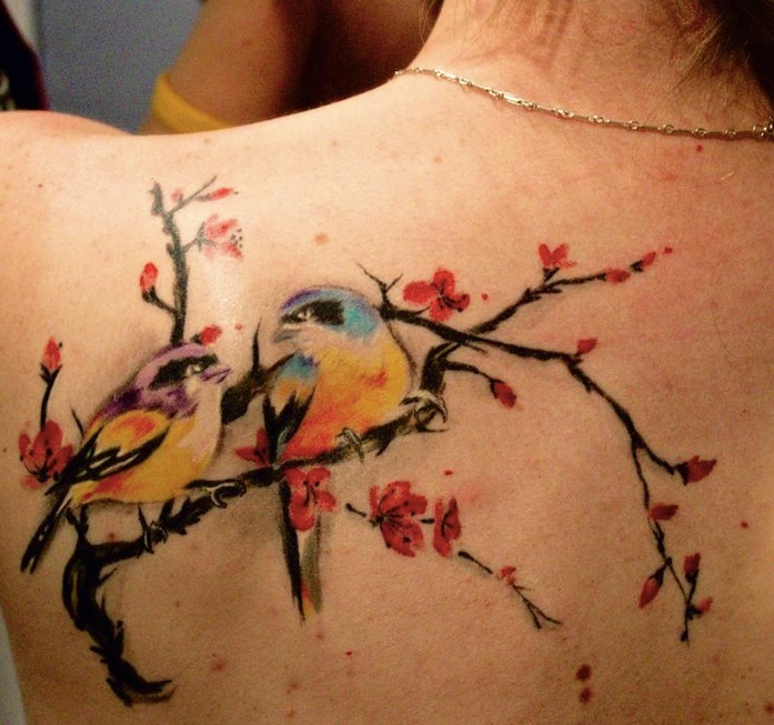 697x653 Watercolor Bird Tattoo Designs On Upper Back - Watercolor Bird Tattoo