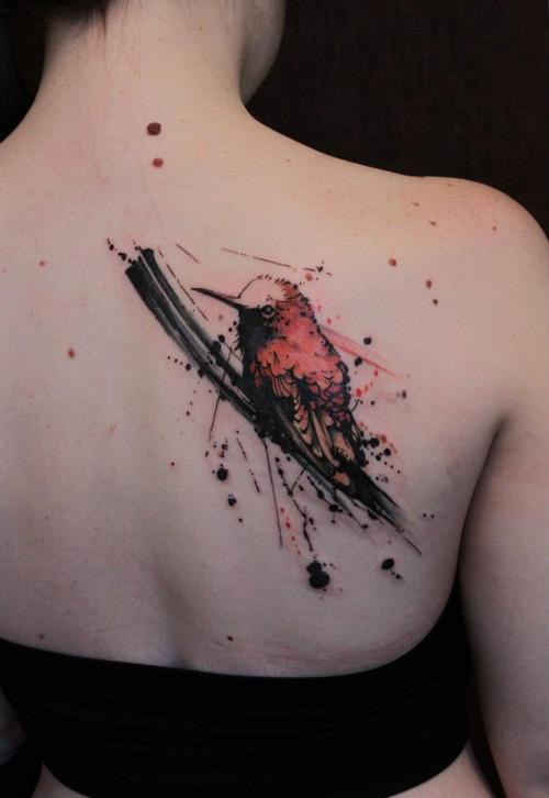 500x726 Watercolor Bird Tattoo On Back - Watercolor Bird Tattoo