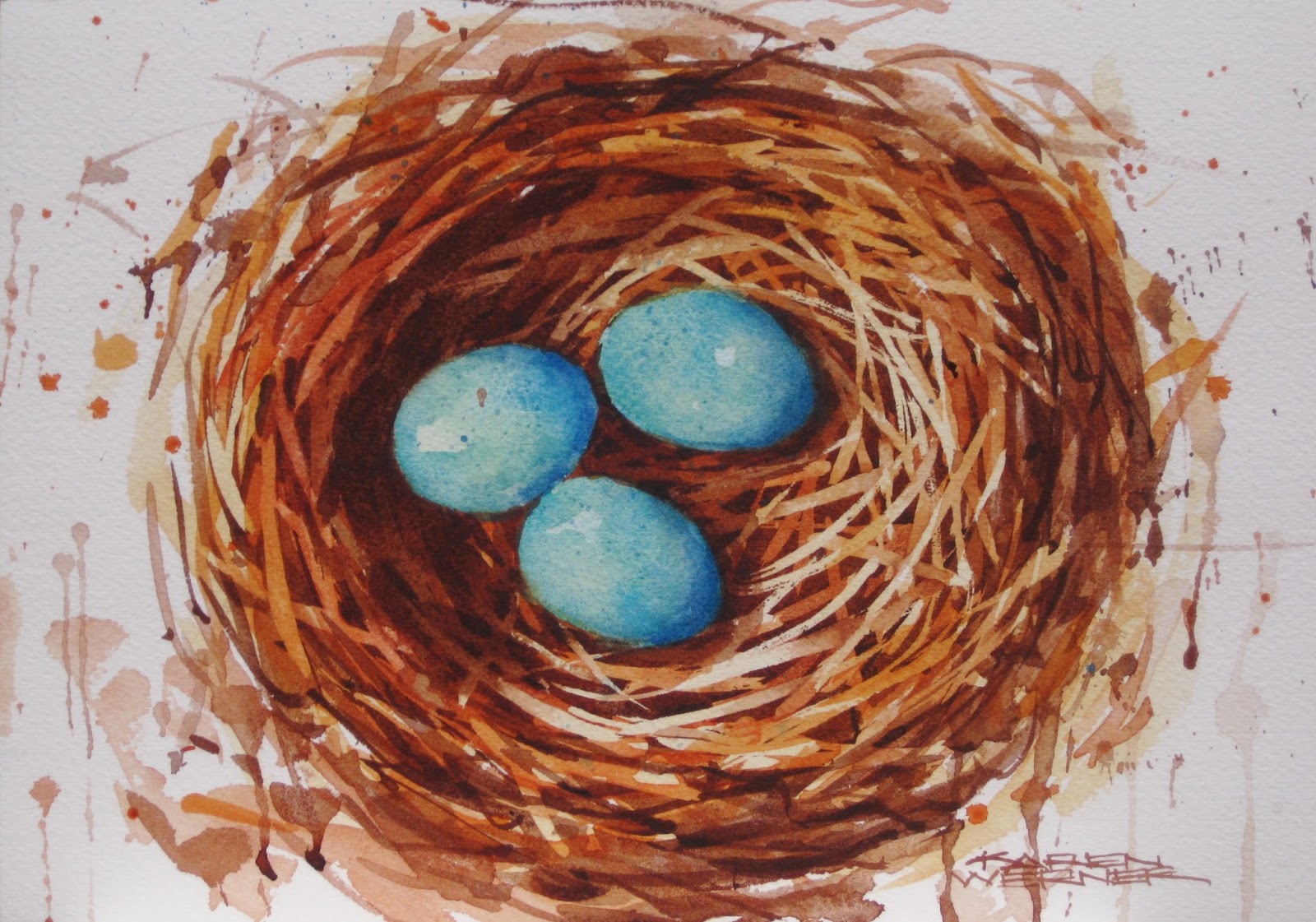 1600x1121 Karen Werner Fine Art Three In The Nest - Watercolor Birds Nest