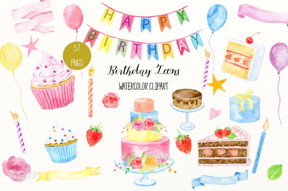 570x379 Birthday Icon Clip Art With Watercolor Birthday Cakes Etsy - Watercolor Birthday Cake